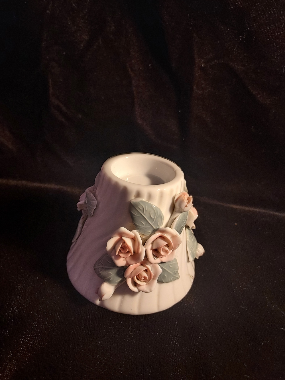 Porcelain Candle Stick with Pink Rose Appliqués